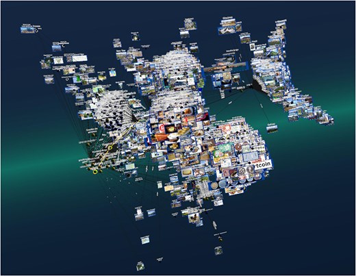 Example of a large graph demonstrating the rendering capabilities of Graph2VR on an RTX 4090. It shows about 17 000 nodes handled by Graph2VR. A framerate drop to 14 fps was observed during the layout phase (the fps increase significantly afterwards). Dataset: DBpedia.