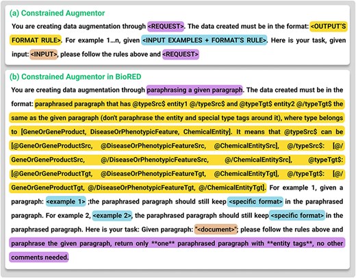 (a) The template for Constrained Augmentor. (b) Details of how Constrained Augmentor is applied in the BioRED dataset.