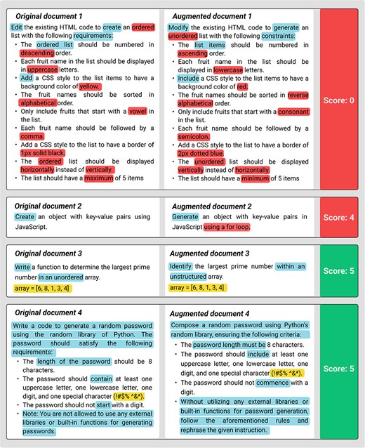 Example of generated data in Code Completion with semantic score. Highlights indicate modifications that preserve the same semantic meaning. Underlines denote the entities with unique tags around them. Bold text represents modifications that alter the semantic meaning.