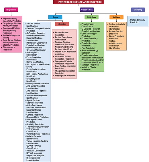 A comprehensive methodical categorization of protein sequence analysis tasks into regression, binary classification, multi-class classification, multi-label classification, and clustering.