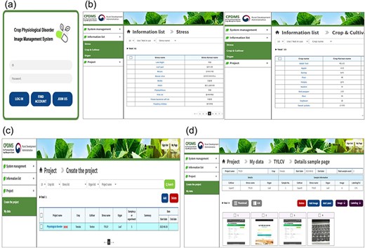 Physiological disorder image database system. (a) Main screen interface of crop physiological disorder image management system (b) Crop stress and crop information included in the informational list category (c) Project creation list. (d) The database can be aligned in a list form of images taken by the smartphone.