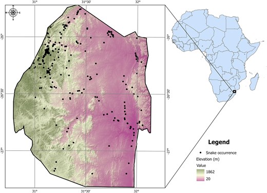 Map of Eswatini with the location of the snakes in this study overlain on a digital elevation map to show the wide range in elevation with highest values in the west and lowest values in the east.