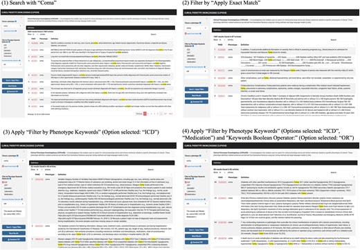 Screenshots of the Clinical Phenotype Knowledgebase (CliPheKB) user interface. Steps 1–4 are shown for ‘Coma’ as an example: (1) Search with ‘Coma’; (2) Filter by ‘Apply Exact Match’; (3) Apply ‘Filter by Phenotype Keywords’ (Option selected: ‘ICD’); and (4) Apply ‘Filter by Phenotype Keywords’ (Options selected: ‘ICD’, ‘Medication’) and ‘Keywords Boolean Operator:’ (Option selected: ‘OR’).