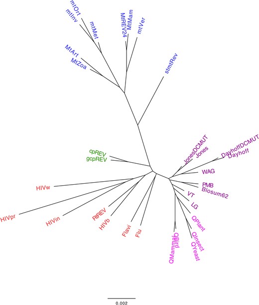 Agglomerative clustering of common empirical substitution models of protein evolution according to the matrix of relative substitution rates among amino acids and the amino acid frequencies at equilibrium. The normalized matrix of relative substitution rates among amino acids and the amino acid frequencies at equilibrium, with equal contribution, were applied to determine the distance between every pair of commonly used substitution models. A bottom-up agglomerative clustering method, neighbor joining, was then applied. Each model was color-coded based on the type of proteins used to construct the model: mitochondrial proteins (blue), chloroplast proteins (green), virus proteins (red), and nuclear proteins (general in purple and taxon-specific in pink). Clusters based on the matrix of relative substitution rates among amino acids or amino acid frequencies at equilibrium are presented in Supplementary Figure S1 and Supplementary Figure S2 (Supplementary Material), respectively.