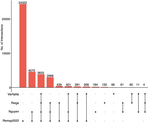 Overlap between identified p53RE and experimentally validated p53 binding events across four comprehensive meta-analyses. Upset-style plot of overlap between p53RE and experimentally derived p53 binding events (via ChIP-seq) for four separate meta-analyses.