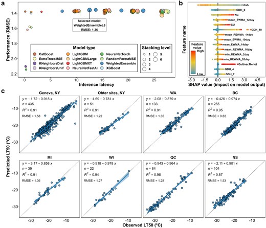 Model selection, feature importance analysis, and model testing for the NYUS.2.1 model. (a) The performance (RMSE) of all models generated during the NYUS.2.1 training process; (b) distribution of SHAP value for the top 15 features in the final model, with feature importance ranked by the mean absolute SHAP values across all testing samples; and (c) performance of NYUS.2.1 in predicting cold hardiness across various subdatasets within the testing data.