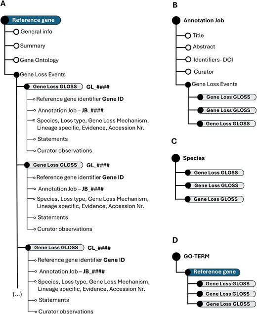 Schematic representation of the Gene Loss DB structure. (A) Hierarchical organization of the overall database. (B) Data structure when explored by annotation job. (C) Data structure when explored by species. (D) Data organization when focused on GO terms.