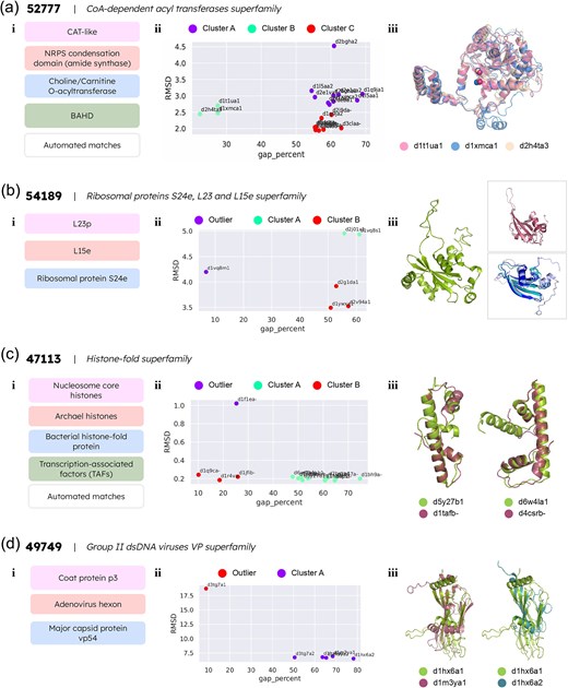 Detailed studies of four problematic superfamilies requiring re-alignment with the PASS2 protocol. (a) The CoA-dependent acyl transferases superfamily (i) contains four families and automatically matched domains without family annotations, termed as ‘automated matches’. (ii) The k-means clustering algorithm identified three clusters named A, B, and C. (iii) The automatically assigned domain d2h4ta3, and the domains d1t1ua1 and d1xmca1 from the choline/carnitine O-acyltransferase family were clustered together. The superimposed image of the three domains showcases their structural similarity. (b) The ribosomal proteins S24e, L23, and L15e superfamily has three families, shown in (i). (ii) The k-means clustering algorithm identified an outlier domain and divided the remaining domains into two clusters, A and B. (iii) The outlier domain d1vq8m1 is represented in green. The top panel on the right represents domains d2j01x1 (dark pink) and d1vq8s1 (light pink) from the L23p family, and the bottom panel represents domains d1ywxa1 (light violet), d2v94a1 (teal), and d2g1da1 (dark blue) from the ribosomal protein S24e family. (c) The histone-fold superfamily comprises four families and automatically matched domains (i). (ii) The k-means clustering identified one outlier domain, and two clusters named A and B. (iii) The figure represents the superimposed structures of the outliers with the respective closest clustered annotated domain. Left: domains d5y27b1 (green, automated match) and d1tafb_ (pink, TAFs family); right: d6w4la1 (green, automated match) and d4csrb_ (pink, TAFs family). (d) The group II dsDNA viruses VP superfamily consists of three families (i). (ii) The k-means algorithm identified one outlier domain, d3tg7a1. (iii) Length variations in viral proteins, especially in the loop regions, lead to clearer structural similarity between domain members of similar length from different families, as opposed to length-variant members of the same family. Left: superimposed structures of domains d1hx6a1 (green) and d1m3ya1 (pink) from the coat protein P3 and major capsid protein vp54 families, respectively; right: superimposed structures of domains d1hx6a1 (green) and d1hx6a2 (pink) from the coat protein P3 family.