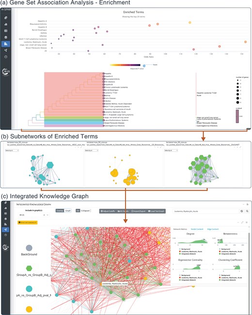 Application screenshots for enrichment and knowledge graph generation. (a) Results of the association analysis of specific gene sets are visualized as a dot plot of significantly enriched terms and a tree of their hierarchical clustering based on Jaccard’s similarity index. (b) Each selected enrichment set can be used to generate one subnetwork where nodes represent terms and edges represent common genes between them. The size of the node is proportional to the number of genes under the specific term and the weight of the edge is proportional to the number of common genes. (c) All subnetworks are unified under the knowledge graph where all enriched terms from any ontology or database are connected based on their gene-content commonality. Red edges denote connections between terms from different ontologies or databases (e.g. HPO and GO biological pathways), while other colours correspond to term connections within the same database.
