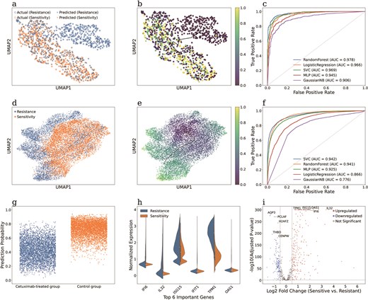 Two case studies demonstrating the development of predictive models for identifying drug-resistant tumour cell subpopulations. Case study 1: (a) UMAP visualization of scRNA-seq data from PC9 cells annotated with resistance and sensitivity labels, showing the true labels (circle) and the RF-predicted labels (cross). (b) Pseudotime analysis of PC9 cells annotated with the RF-predicted sensitivity probability. (c) ROC curves and AUROC values of multiple classifiers evaluated on the test set. Case study 2: (d) UMAP visualization of the scRNA-seq data from HNSCC cells, annotated with resistance and sensitivity labels. (e) Pseudotime analysis of the HNSCC cells annotated with the SVC-predicted sensitivity probability. (f) ROC curves and AUROC values of multiple classifiers evaluated on the test set. (g) Scatter plot of the true labels and SVC-predicted probabilities of individual cells in the test set. (h) Violin plot showing the normalized expression levels of the six most important genes in classifying resistant and sensitive cells. (i) Volcano plot of differentially expressed genes between resistant and sensitive cells.