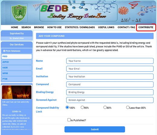 The contribution entry page of the database allows researchers to input new compounds along with their binding energy and other essential information.