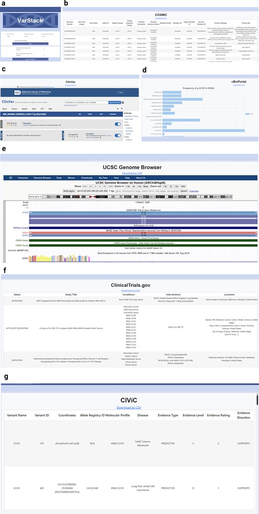 Case study to interpret KRAS p.G12V in Colorectal Adenocarcinoma using VarStack2. The variant and tumour type are entered in search window (a) VarStack2 retrieves information from (b) COSMIC, (c) ClinVar, (d) cBioPortal, (e) UCSC Genome Browser, and (f) ClinicalTrials.gov, (g) CIViC and displays in separate windows.