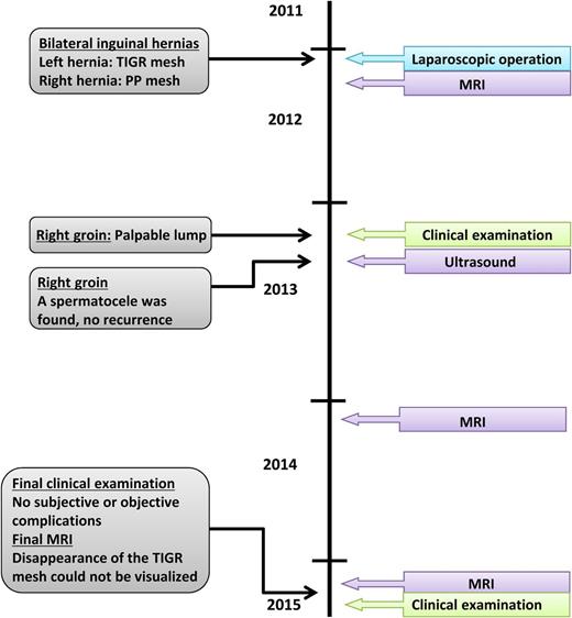 Time line of the patient's medical history.