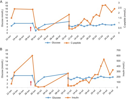 Values obtained during episodes of spontaneous postprandial hypoglycemia initially followed by supervised fasts both preoperatively and postoperatively.