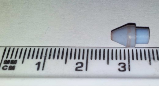 Drain tip following removal.