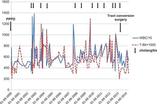 White blood cell (WBC) and total bilirubin (T-bil) levels.