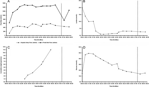 Characteristics of the liver subjected to NMP-L prior to splitting. (A) Hepatic arterial and portal venous flow rates; (B) lactate concentrations; (C) cumulative bile production; and (D) glucose concentrations.