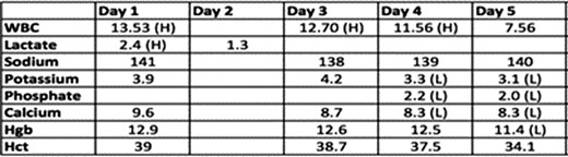 Lab results on Day 1 of admission through to Day 5 of hospital stay, notable for elevated lactate and leukocytosis on admission. (H) Indicates a value that is above the reference range, while (L) indicates a value below the reference range.