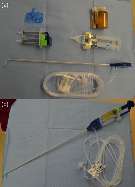 A spray-type anti-adhesion barrier kit. (a) Before assembly. (b) After assembly.