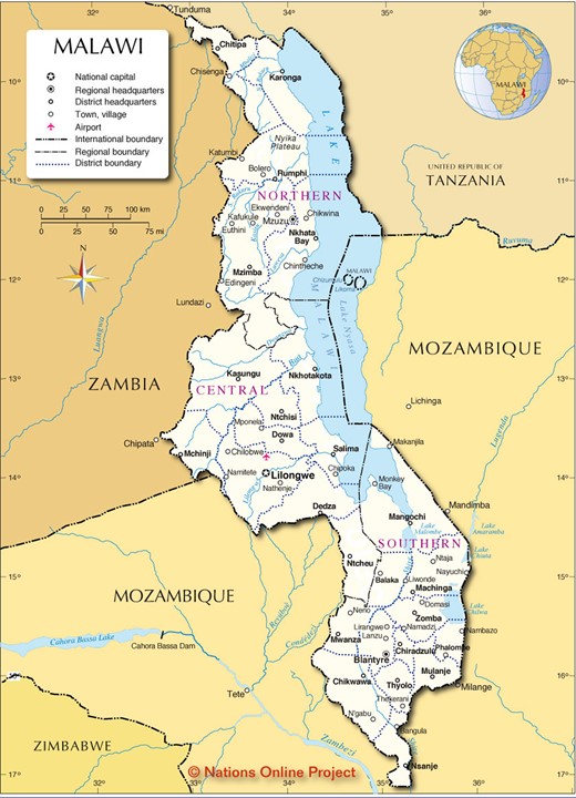 Map of Central Africa. Patients home location is approximately 150 miles from our tertiary hospital, the closest hospital with surgical capabilities. Copyright Nations Online Project.