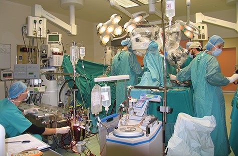 Intraoperative image showing the synchronous surgical activity of neurosurgeons and the cardiac surgeons with the patient in extracorporeal circulation.