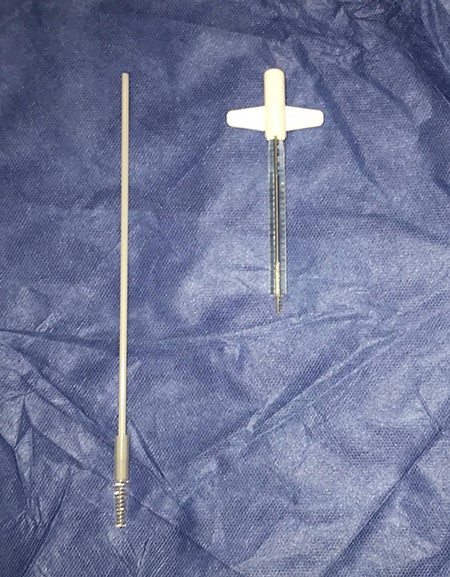 Image demonstrating on the left the insight voice prosthesis brush and on the right the Blom–Singer voice prosthesis brush.