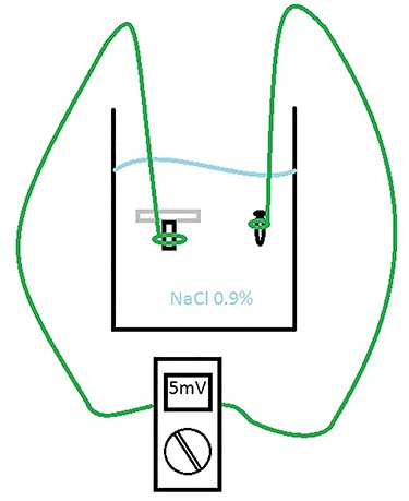 Test setup analyzing for a microcurrent between the tibial component and titanium interference screw.
