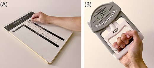 (A) Purdue Pegboard Test; (B) Camry Electronic Handgrip Dynamometer.
