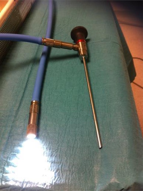Illuminated fibre-optic cable end with attached adaptor (left) alongside unilluminated arthroscope connected to another cable (right).