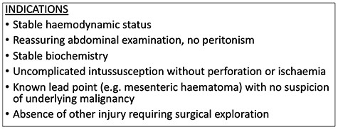 Proposed indications for conservative management of traumatic intussusception.