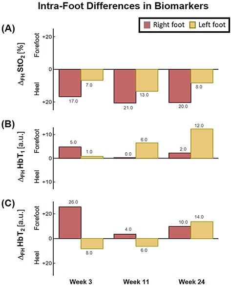 Bar plot depicting trends in intra-foot asymmetry for SFDI-derived biomarkers, separated by foot. ΔFH denotes the difference between forefoot and heel averaged pixel values.