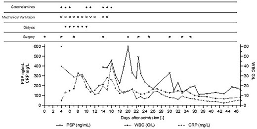 Post-operative Day 1—The patient underwent elective prostatectomy by laparoscopy assisted by robot. Day 4—ICU-admission with severe septic shock and multiple organ failure (PSP > 600 ng/ml). Emergency surgery show intra-abdominal infection and diffuse purulent post-operative peritonitis. Mechanical ventilation, RRT, and catecholamine support were implemented. Day 14—High PSP >387 ng/ml meant the patient was returned to surgery, which revealed loosening of the ileal anastomosis and recurrent diffuse post-operative peritonitis, despite no clinical signs or symptoms, and without clear radiological sign on abdominal CT-scan (Fig. 2). Day 20—High PSP levels (> 600 ng/ml) prompted a new abdominal CT-scan and immediate surgery, confirming suspicion of an intra-abdominal infection, despite stable levels of CRP and WBC. Day 22—PSP measured in the morning and again in the afternoon showed a rapid and twofold increase leading to a new surgery (intraperitoneal lavage) for intra-abdominal infection. Day 30—PSP level 330 ng/ml corresponds to a new intra-abdominal infection despite daily lavage. Day 47—Patient’s condition improved, biomarker levels decreased to stable values, patient was discharged from the ICU.