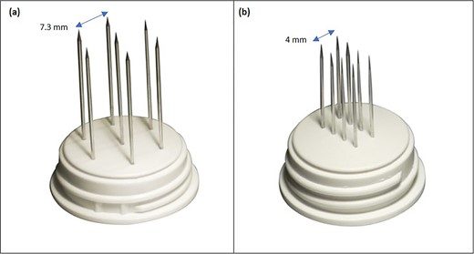 Needle electrode geometries: (a) hexagonal array; (b) linear array.