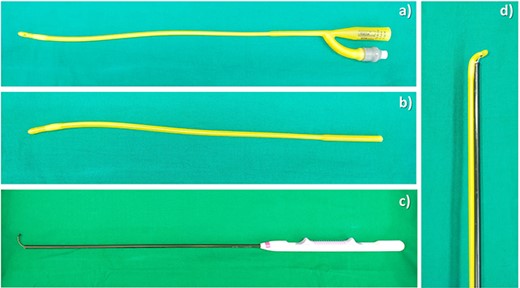 Instruments for creation of TJL. (a) A 10-Fr urinary catheter; (b) an end-cut 10 Fr urinary catheter; (c) endo mini-retractor; (d) The J-shaped Loop.