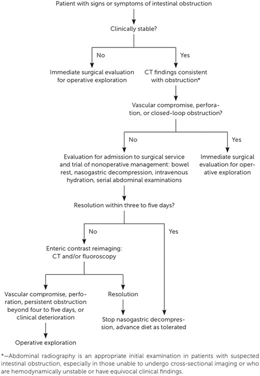 Approach for diagnostic imaging in suspected intestinal obstruction.