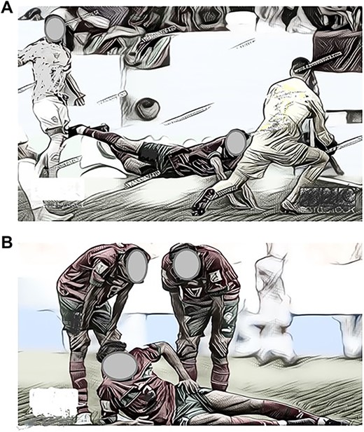 (A, B) A real event photo was captured; however, the color of the uniforms and players faces were modified to mask teams identity.