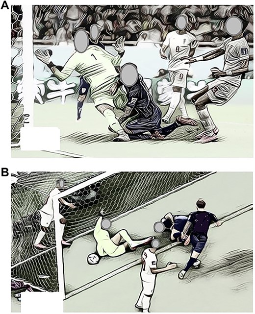 (A, B) A real event was captured; however, the uniform and faces of the players were modified to mask team identity.
