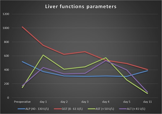 Laboratory values of the liver function parameters.