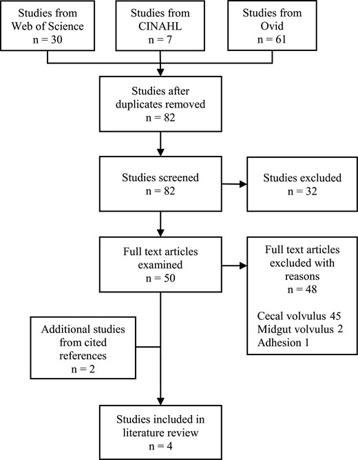 Flow diagram in search for cecal bascule cases associated with pregnancy.