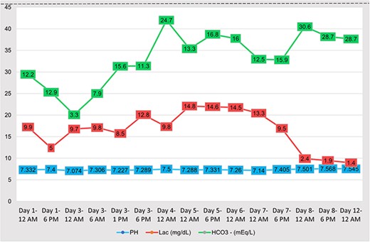 The trend of pH, Lactate and bicarbonate levels in serum samples with time during management.