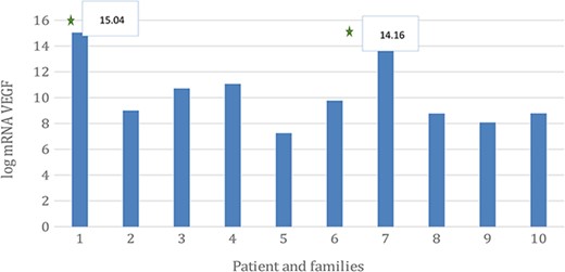 The expression level of VEGF gene mRNA in the GGB patient and among family members. The VEGF serum level were (1) 15.04; (2) 8.99; (3) 10.71; (4) 11.06; (5) 7.25; (6) 9.77; (7) 14.16; (8) 8.76; (9) 8.07; (10) 8.78.