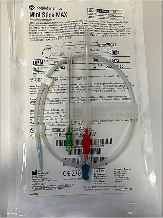 4F × 10 cm Mini Stick MAX arterial line insertion kit.