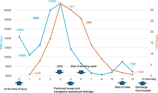 Changes in the white blood cell count and C-reactive protein (CRP) levels over time. The graph shows the changes in white blood cell (WBC) count and CRP levels over time from admission to discharge.
