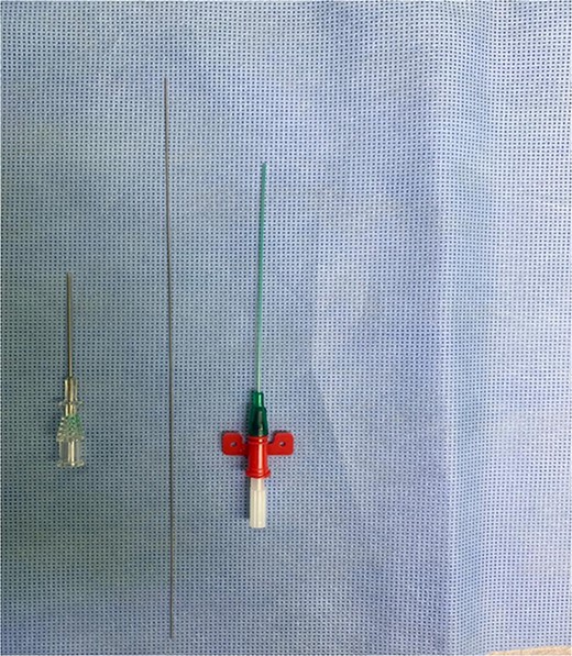 Arterial catheter that is used to inject methylene blue with fibrin.