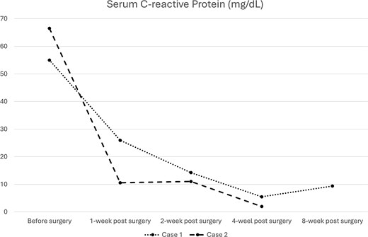 Serial serum C-reactive protein measurements for both cases.