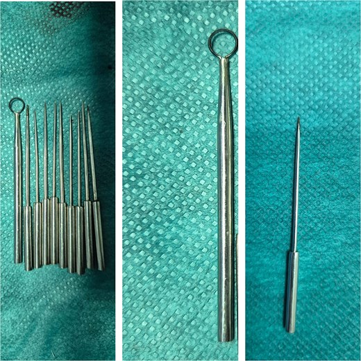 Different type of electrosurgery pencil’s tip used; in the middle the loop tip and on the left the needle tip.