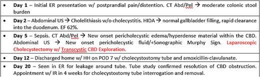 Timeline of events from initial ER presentation to discharge following postoperative recovery.