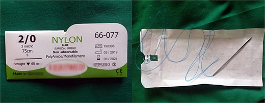 Shows the 60 mm straight needle mounted to the Nylon suture (both commercial name and country of manufacturing were blurred).