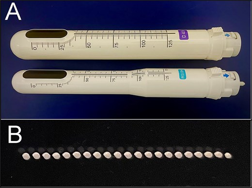 HIRONIC cartridges and irradiation test. (A) Upper transvaginal cartridge (for the vagina), 28 mm in diameter. Lower, newly developed transanal cartridge (for the anus), 23 mm in diameter. (B) Irradiation test. Irradiation was conducted from the back of an acrylic plate under the following conditions: Irradiation range, 25 mm; interval, 1.2 mm; and maximum output, 2.0 J. As a result of heating, all 21 irradiation sites showed degeneration, leading to a noticeable white discoloration.