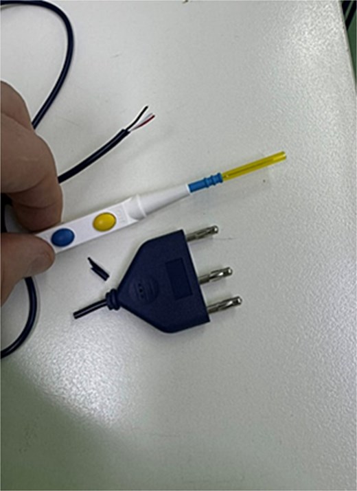Pencil diathermy cables stripped.